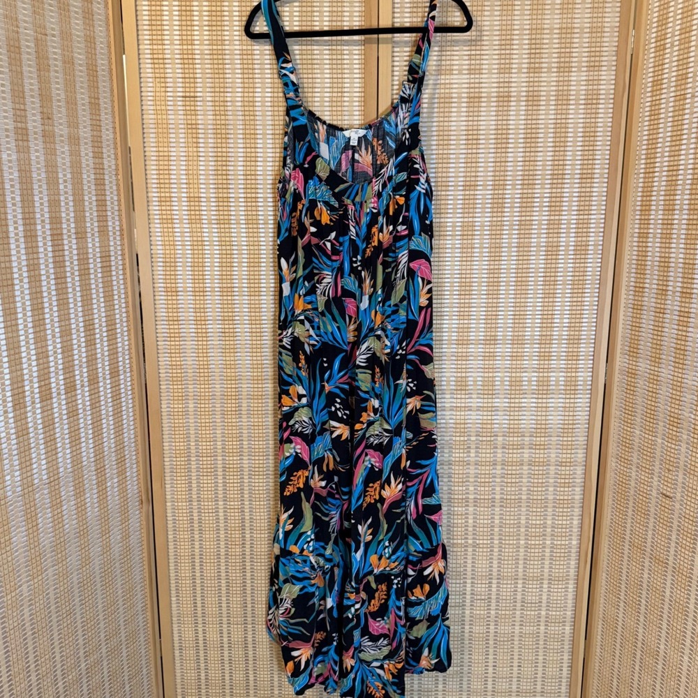 Terra & Sky Womens 2X Tropical Floral Maxi Dress Black Sleeveless Tiered Summer